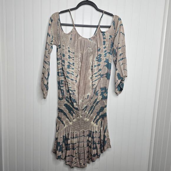 Blue Life Tie Dye Shirred Waist Open Shoulder Dress Size Small Beach Boho Summer - Picture 5 of 10